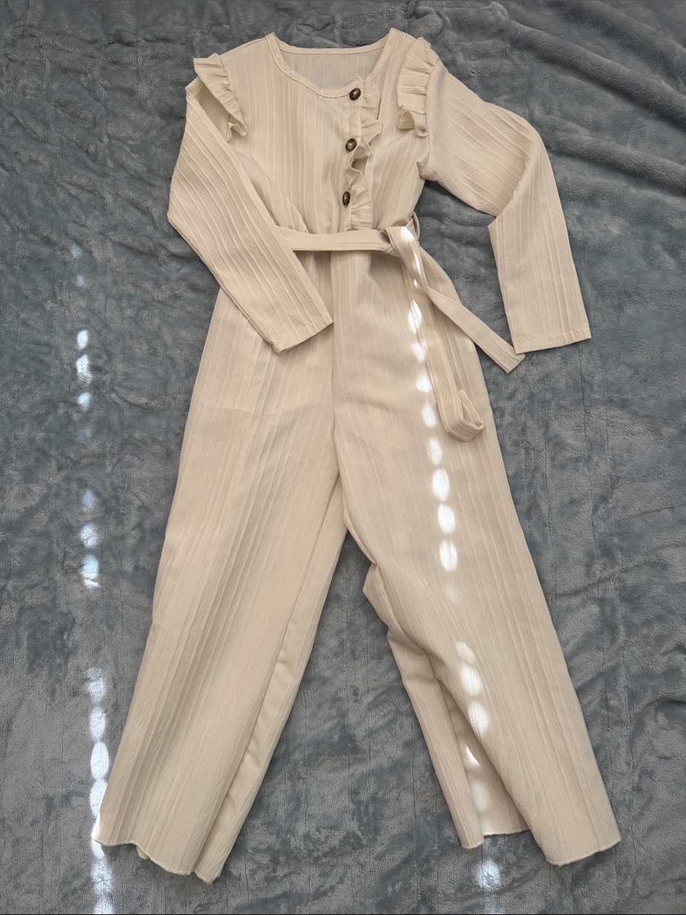 Girls Cream Ruffled Button Jumpsuit